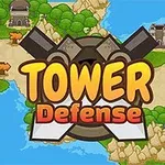 Napis Tower Defense na tle mapy z drogami, rzekami i wieżami obronnymi