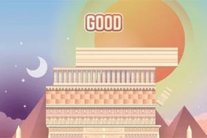 Wieża złożona z prostokątnych bloków na tle zachodzącego słońca i gór, z napisem GOOD na górze