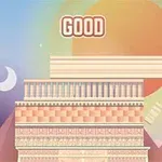 Wieża złożona z prostokątnych bloków na tle zachodzącego słońca i gór, z napisem GOOD na górze