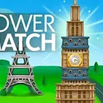 Wieże na zielonym tle z jasno świecącym niebem, w tym Wieża Eiffla, Big Ben i pagoda, z napisem TOWER MATCH