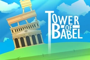 Ilustracja przedstawia krzywą wieżę w jasnych kolorach na tle nieba z napisem Tower of Babel