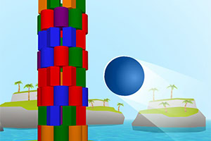 Wieża z kolorowych bloków i lecąca niebieska kula na tle krajobrazu z wyspami i palmami