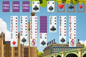 Graficzne przedstawienie układu kart pasjansowych na tle budynków w stylu londyńskim