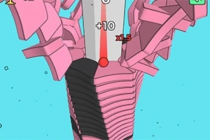 Wieża z plastikowych segmentów w odcieniach różu i czerni na niebieskim tle z czerwonym wskaźnikiem i cyframi