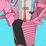 Wieża z plastikowych segmentów w odcieniach różu i czerni na niebieskim tle z czerwonym wskaźnikiem i cyframi