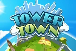Napis Tower Town na tle nieba, z sylwetką miasta i znanymi budowlami jak Big Ben i Koloseum na zielonej planecie