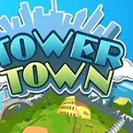 Napis Tower Town na tle nieba, z sylwetką miasta i znanymi budowlami jak Big Ben i Koloseum na zielonej planecie