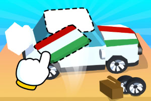 Rysunkowy biały samochód z odczepionymi panelami w barwach węgierskiej flagi oraz dużym, wskazującym na nie palcem