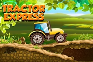 Żółty traktor na wyboistej drodze w otoczeniu zieleni i liści z napisem Tractor Express