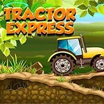 Żółty traktor na wyboistej drodze w otoczeniu zieleni i liści z napisem Tractor Express