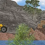 Żółty traktor jedzie pod górę na tle górzystego krajobrazu z drzewami i wodą na pierwszym planie