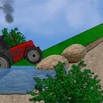 Traktor przejeżdżający przez strumień, obok wiatraka na tle zielonego wzgórza