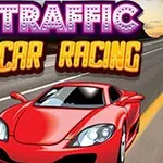 Czerwony samochód sportowy na tle szosy z kolorowym napisem Traffic Car Racing u góry