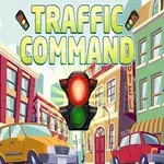 Sygnalizacja świetlna na środku ruchliwej miejskiej ulicy z żółtym i czerwonym samochodem w tle, w otoczeniu budynków i napisem Traffic Command u góry