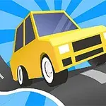 Żółty samochód na zakrzywionej drodze z niebieskim, promieniującym tłem