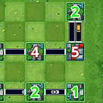 Plansza z zielonym tłem przedstawiająca siatkę pól z numerowanymi i połączonymi drogami kartami oraz pojazdem