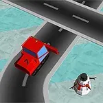 Czerwona odśnieżarka na drodze przy skrzyżowaniu z niebieskim samochodem oraz bałwanem na poboczu