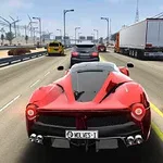 Czerwony supersamochód jedzie autostradą, otoczony innymi pojazdami, z krajobrazem pustynnym w tle