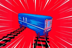 Niebieski pociąg na torach na tle intensywnego czerwonego tła z promienistymi liniami