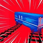 Niebieski pociąg na torach na tle intensywnego czerwonego tła z promienistymi liniami