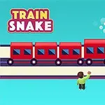 Czerwony pociąg jadący po dwutorowym torze z parą wydobywającą się z komina, otoczony przez małe postacie ludzi na niebieskim tle