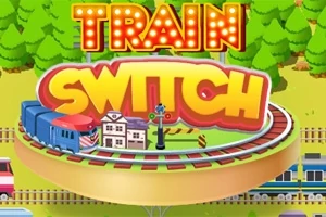 Kolorowa grafika przedstawiająca napis Train Switch z pociągiem i budynkiem na torach, otoczona drzewami