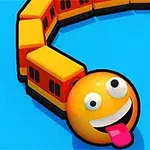 Żółta, wijąca się postać z głową przypominającą emotikon z wystawionym językiem na niebieskim tle