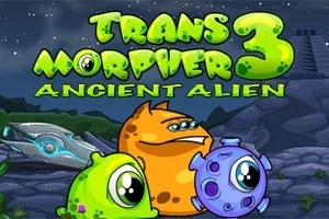 Trzy kolorowe postacie obcych na tle kosmicznego krajobrazu z napisem Transmorpher 3: Ancient Alien