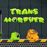 Zielony i pomarańczowy stwór stojący obok szklanej kapsuły z zielonym płynem, na tle ściany przemysłowej z tytułem Trans Morpher