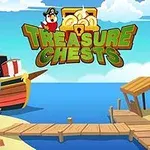 Piracki statek z czaszką, drewniane molo, tropikalna wyspa z palmami i skrzyniami skarbów na tle morza i nieba z napisem Treasure Chests