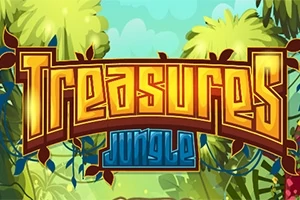 Żółty napis Treasures Jungle na tle zielonej dżungli z liśćmi i winoroślami