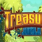 Żółty napis Treasures Jungle na tle zielonej dżungli z liśćmi i winoroślami