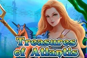 Kobieta o długich rudych włosach obok niebieskiego jednorożca na tle podwodnego krajobrazu i napisu Treasures of Atlantis
