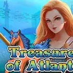 Kobieta o długich rudych włosach obok niebieskiego jednorożca na tle podwodnego krajobrazu i napisu Treasures of Atlantis