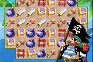 Pirat z flagą czaszki i skrzyżowanych piszczeli po prawej stronie oraz siatka ikon przedstawiających skrzynie, miecze, TNT, bomby i zwoje na tle tropicalnym