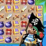 Pirat z flagą czaszki i skrzyżowanych piszczeli po prawej stronie oraz siatka ikon przedstawiających skrzynie, miecze, TNT, bomby i zwoje na tle tropicalnym