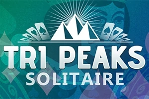 Niebiesko-zielona grafika z napisem Tri Peaks Solitaire na tle gór i kart do gry