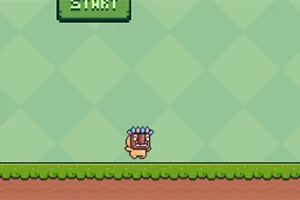 Żółty stworek z otwartą paszczą pełną kolców stoi na trawie na tle zielonej, romboidalnej tapety