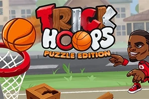 Animowana postać rzucająca piłkę do kosza z napisami Trick Hoops Puzzle Edition w tle