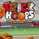 Animowana postać rzucająca piłkę do kosza z napisami Trick Hoops Puzzle Edition w tle