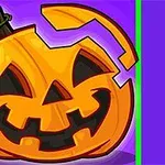 Uśmiechnięta dynia Halloween z odłamanym kawałkiem na fioletowym tle