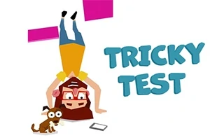 Postać z czerwonymi okularami stoi na rękach obok psa i widoczny jest napis Tricky Test