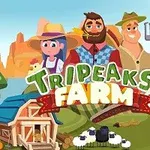 Trzech rolników w stylu kreskówkowym na farmie z napisem Tripeaks Farm oraz elementami gospodarstwa, takimi jak stodoła, owce, widły i skrzynka pocztowa
