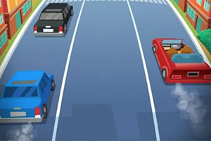 Trzy kolorowe samochody jadące po wielopasmowej drodze, otoczone budynkami