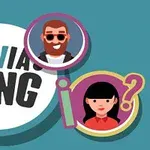 Napis Trivia King otoczony trzema okrągłymi ikonami z postaciami i znakami zapytania na niebieskim tle