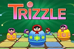 Napisy Trizzle na tle zielonych promieni, z kolorowymi matrioszkami ustawionymi na planszy