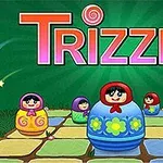 Napisy Trizzle na tle zielonych promieni, z kolorowymi matrioszkami ustawionymi na planszy