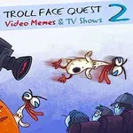 Pomarańczowa postać z szerokim uśmiechem i kamerą obok leci w stronę dwóch kaczek oraz widownia z trzema postaciami