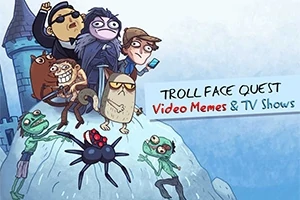 Grupa komicznych postaci stojących na szczycie pagórka z zamkiem w tle, z dużym napisem Troll Face Quest: Video Memes & TV Shows
