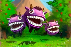 Trzy fioletowe, uśmiechnięte stworki z rogami na tle zielonych drzew i góry